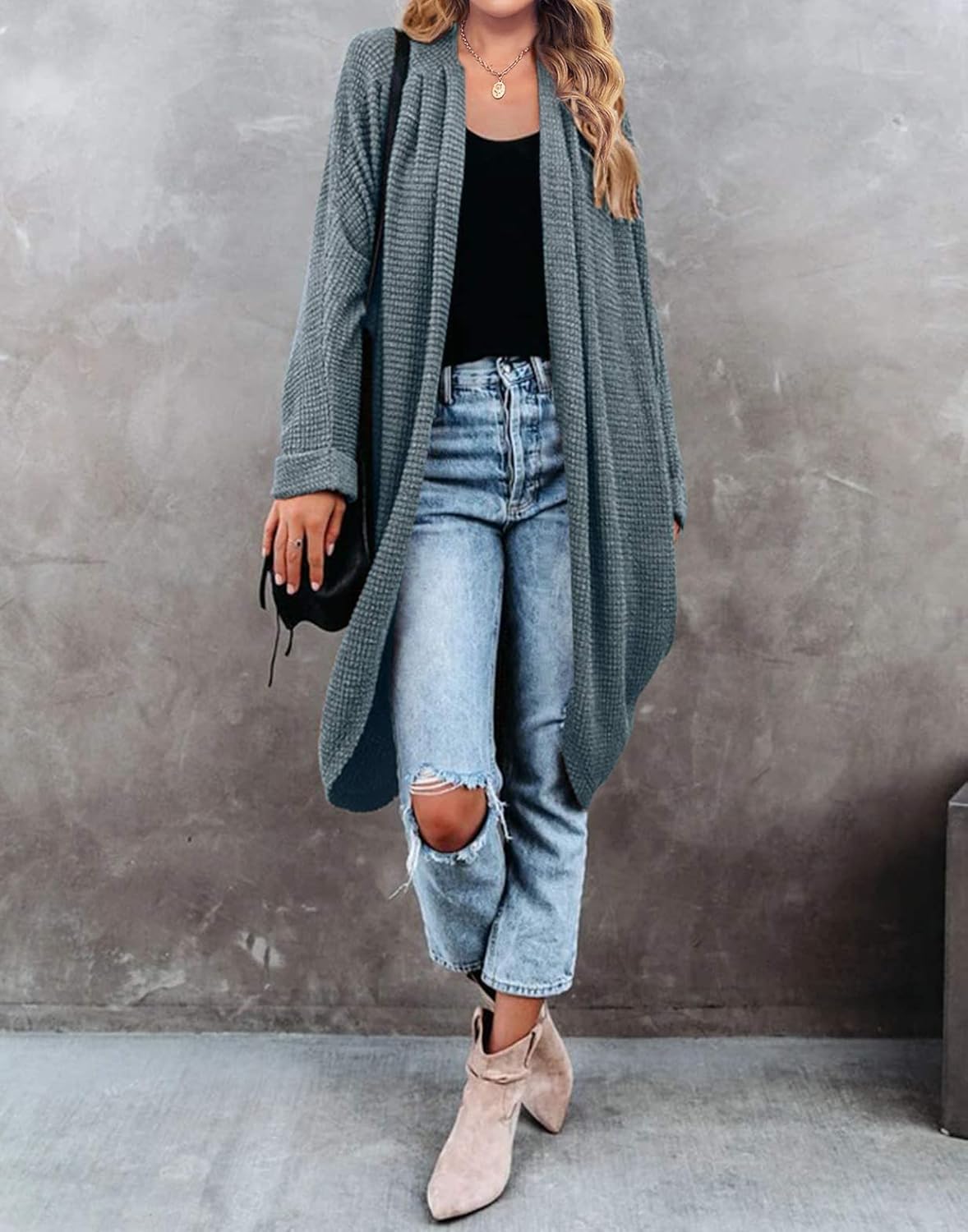 MEROKEETY Women's 2026 Fall Waffle Knit Batwing Long Sleeve Cardigan Loose Open Front Sweater Coat - Image 8