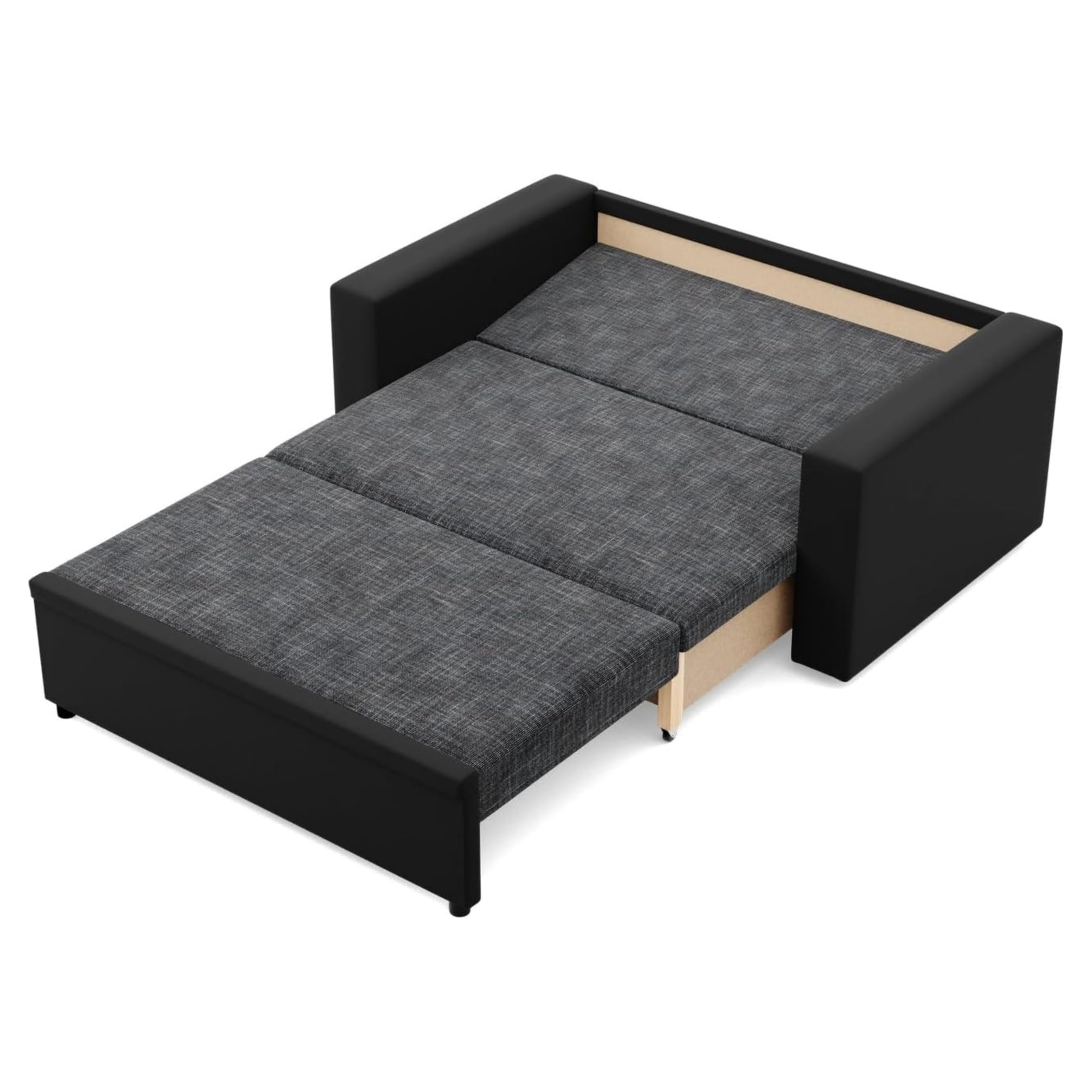 Mebligo - Zweisitzer Sofa Wohnzimmer mit Schlaffunktion, Bettkasten und Kunsteleder 148x90x87 (BxHxT) Dunkelgrau und Schwarz Luna, Schlafsofa Platzsparend, Schlafcouch, Sofabett, Sofa Bed, Bettsofa