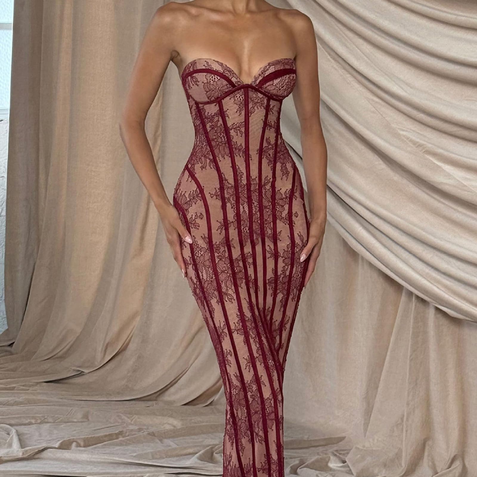 Abito da sera lungo formale da donna, senza spalline, pizzo floreale, corsetto, abito stretto per eventi sul tappeto rosso ed elegante riunioni, maxi abito aderente