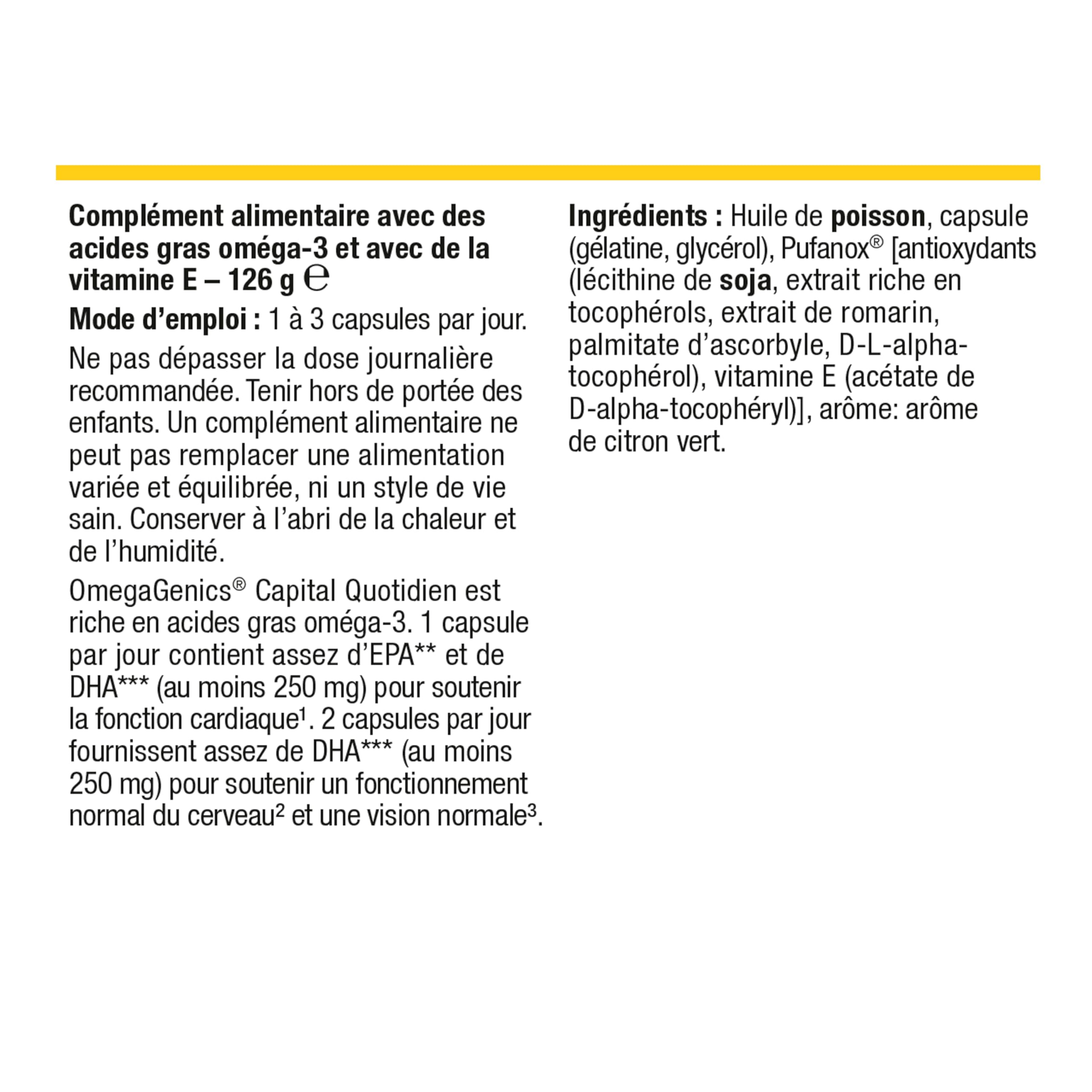 Metagenics OmegaGenics Capital Quotidien, Oméga 3 EPA DHA, 90 Gélules | Les oméga-3 EPA et DHA contribuent à une fonction cardiaque normale. Le DHA contribue au fonctionnement normal du cerveau.