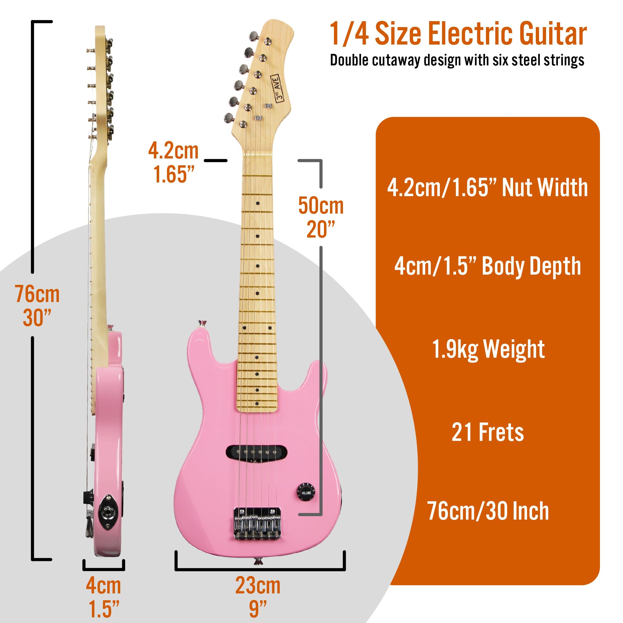 3rd Avenue Pack guitare électrique taille 1/4 pour débutants - ampli portable 5 W, câble, housse, médiators et sangle - Rose