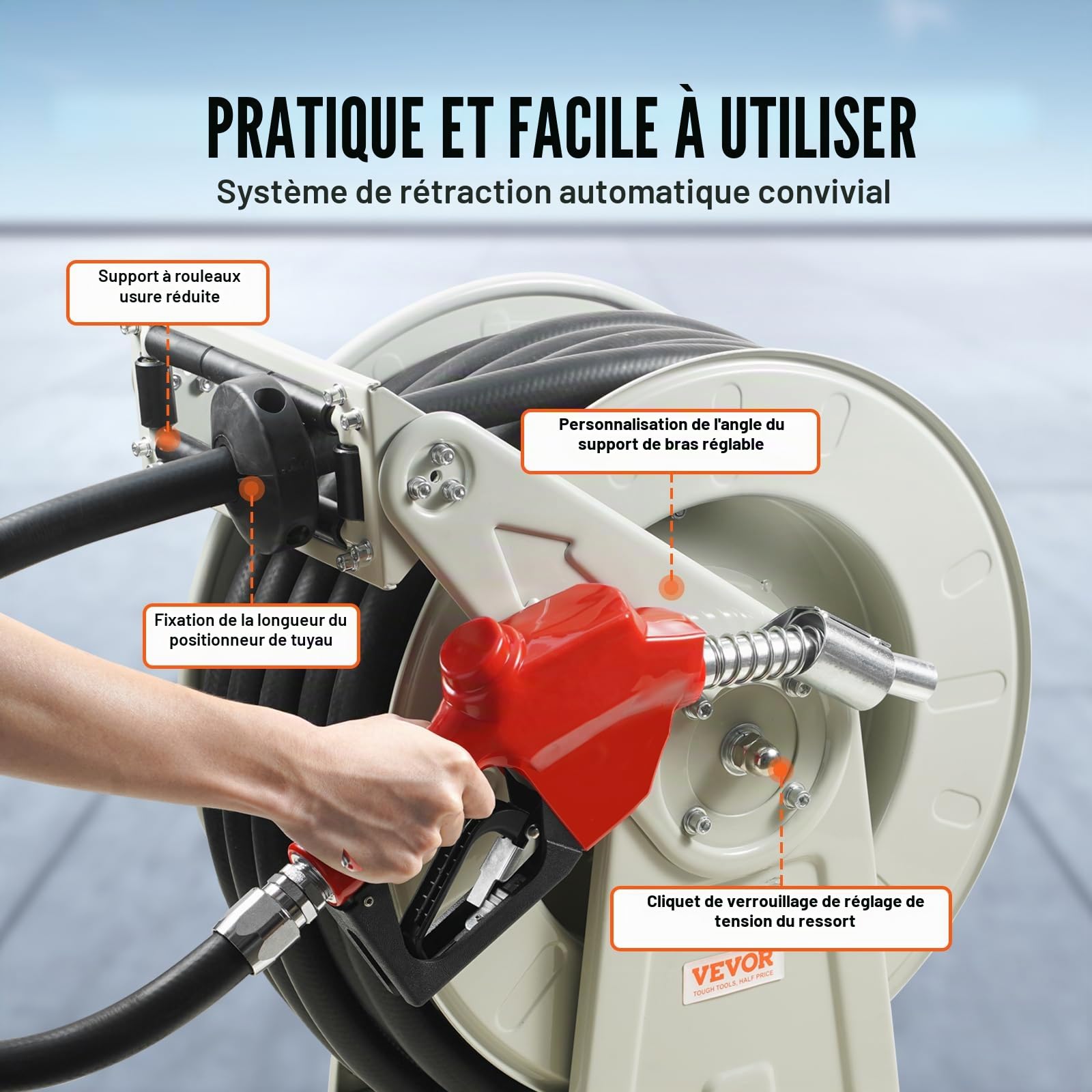 VEVOR Enrouleur de Tuyau de Carburant 19 mm x 20 m​ Dévidoir Tuyau de Diesel Rétractable Extra Long en Caoutchouc NBR Buse de Ravitaillement Auto 300 PSI pour Avion, Bateau, Véhicule, Camion-citerne