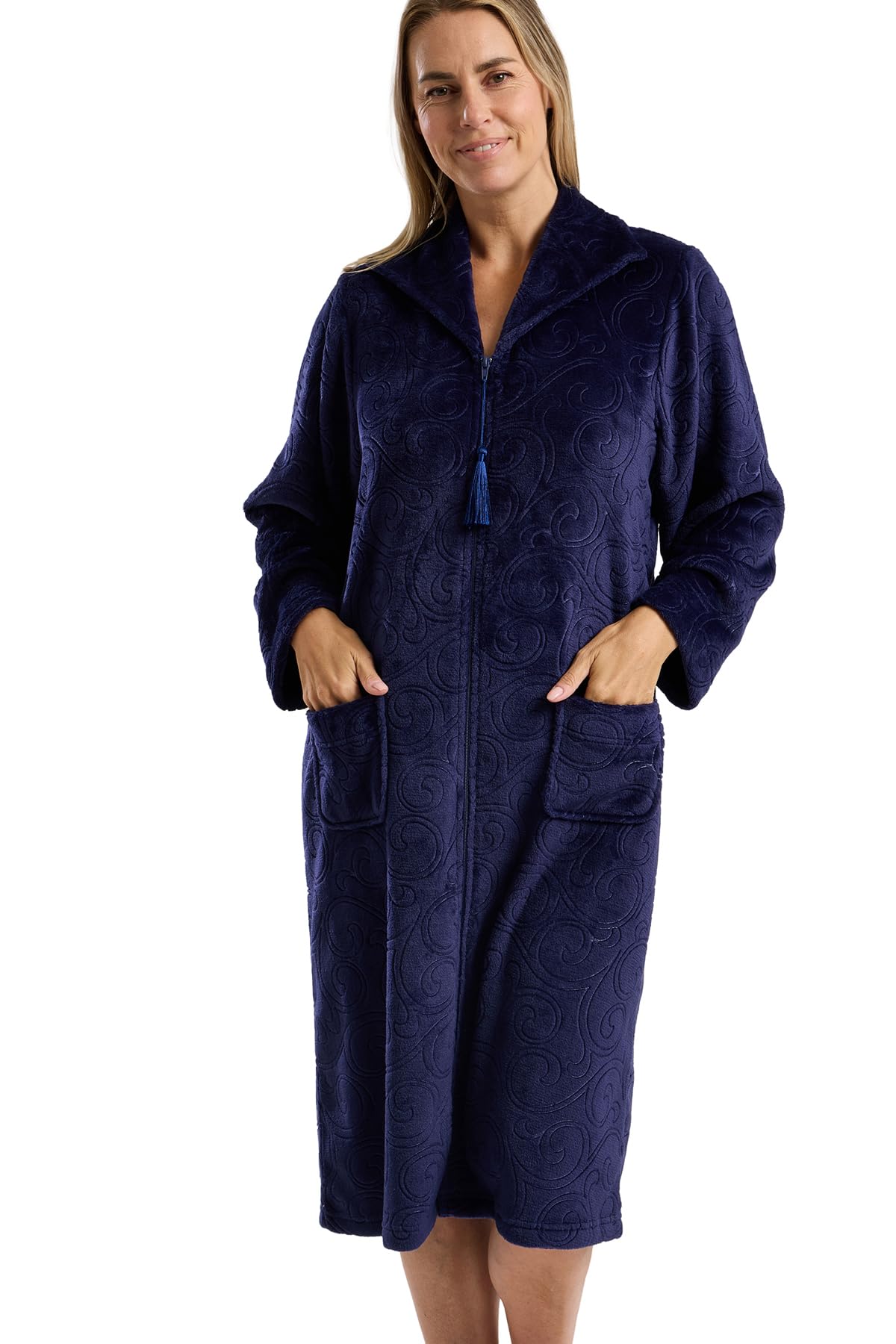 Marlon Womens Serena Zip Front Embossed Fleece Housecoat Zip Up Bath Robe, Navy Swirl, S