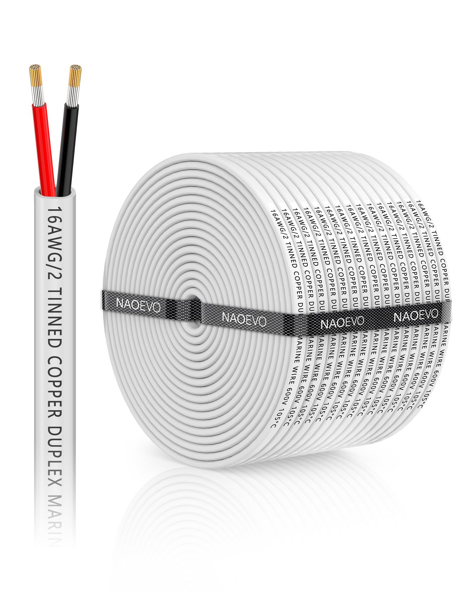 NAOEVO 16 Gauge Marine Wire Duplex, 16 AWG Stranded PVC Marine Electrical Wire, Waterproof/Corrosion Resistant/Tinned Copper Electrical Cable for Boat