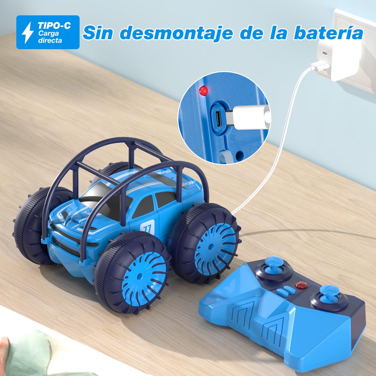 MaxTronic Coche Teledirigido de Carga Directa para Niños - Coche RC Anfibio 2.4G 360° - 15KM/H - 4WD - Coche de Acrobacias Todoterreno con LED Ajustable - Niños y Niñas de 3-12 Años