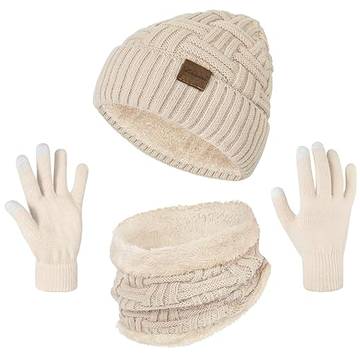 Loritta 3-Pieces Winter Hat Neck Warmer Touchscreen Gloves Set Knit Thick Scarf Beanie Hat Scarves Set Gifts for Women, N-Pink