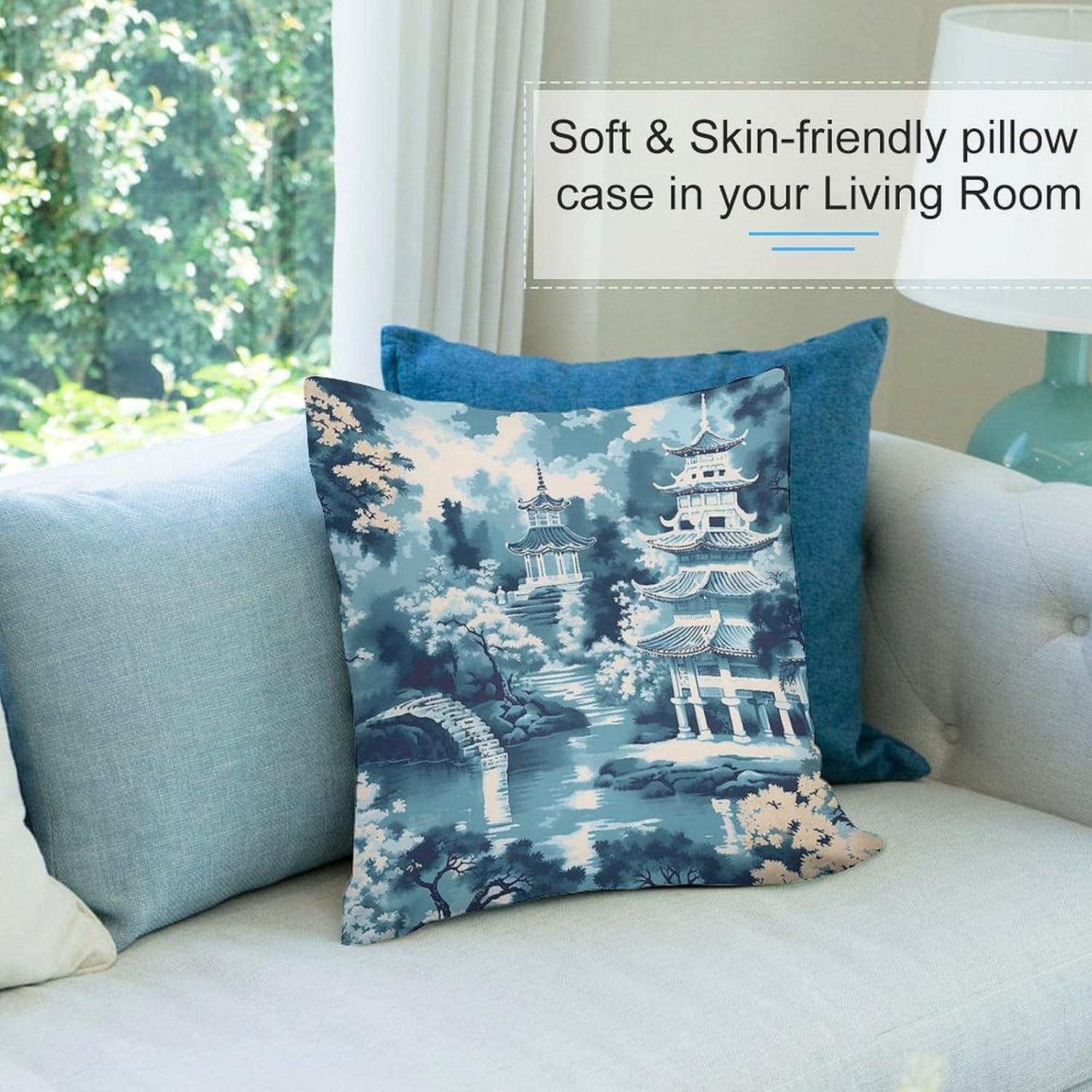 ArogGeld Pack of 2, Chinoiserie Pillow Cover 24"x24" Aqua Teal Blue Asian Scenic Pagoda Pillow Covers Oriental Ancient Pagoda China Garden Euro Sham Pillow Farmhouse Velvet Cushion Cover