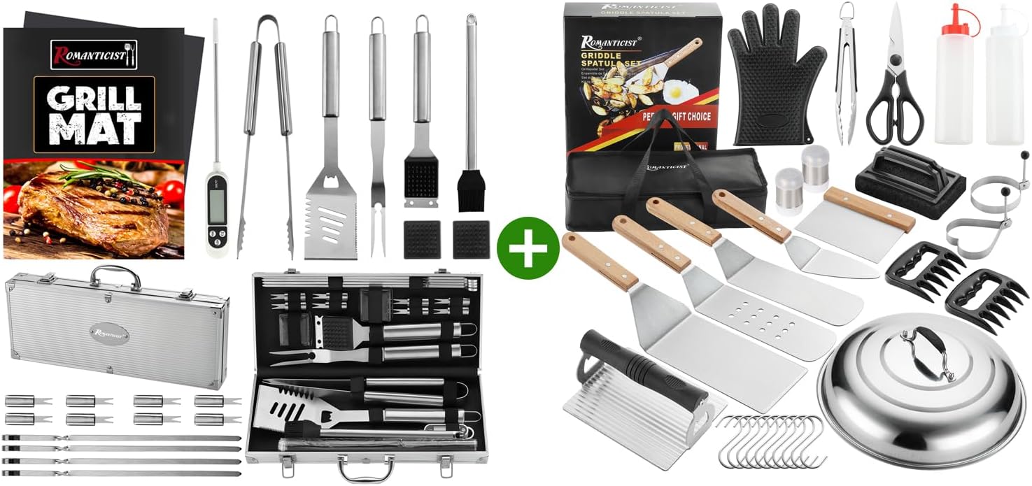 ROMANTICIST 23pc Must-Have BBQ Grill Accessories Set Bundle with 30PCS Flat Top Grill Tools Set for Outdoor Grilling, Teppanyaki - Heavy Duty Griddle Spatula Scraper Burger Press - Ideal Grill Set