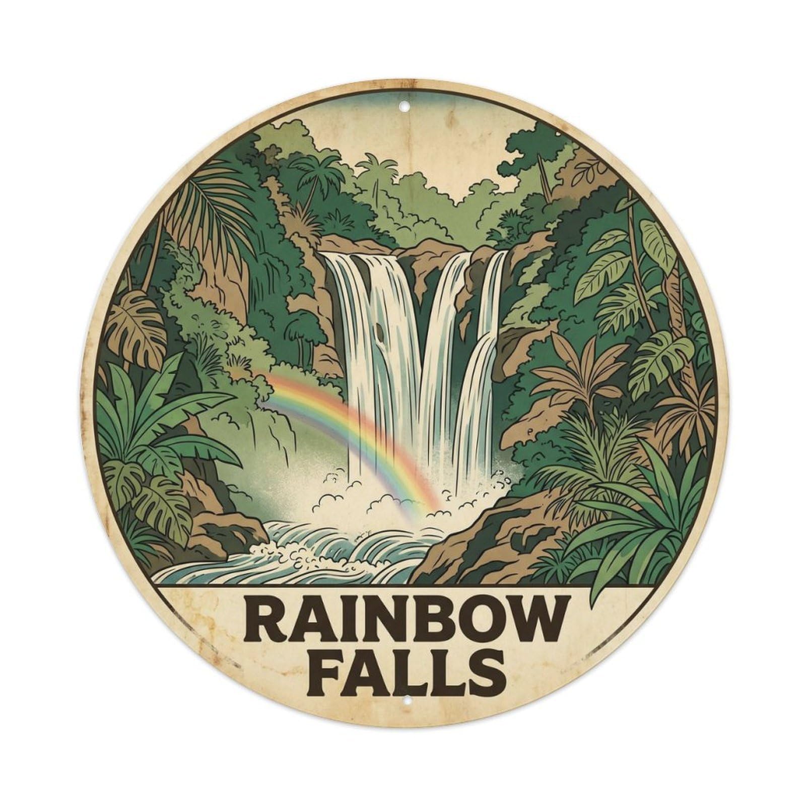 Hawaii Rainbow Waterfall Volcanic Island Sky Metal Tin Sign