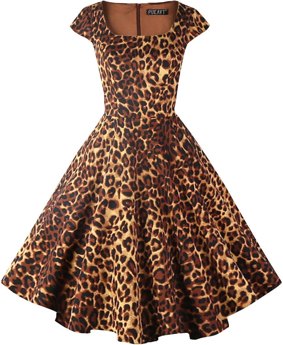 PUKAVT Women's Cocktail Party Dress Cap Sleeve 1950 Retro Swing Dress with Pockets