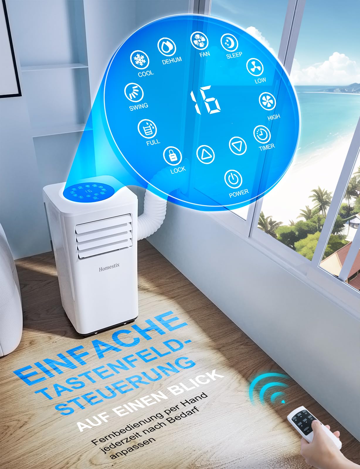 Klimaanlage Mobil 9000 BTU, Mobile Klimaanlage 4-in-1, Kühlung, Entfeuchtung und 2-Stufiger Belüftung, Mobiles Klimagerät mit Abluftschlauch, Digitalanzeige, 24h-Timer, Kühlfläche bis zu 88 m³(33㎡)