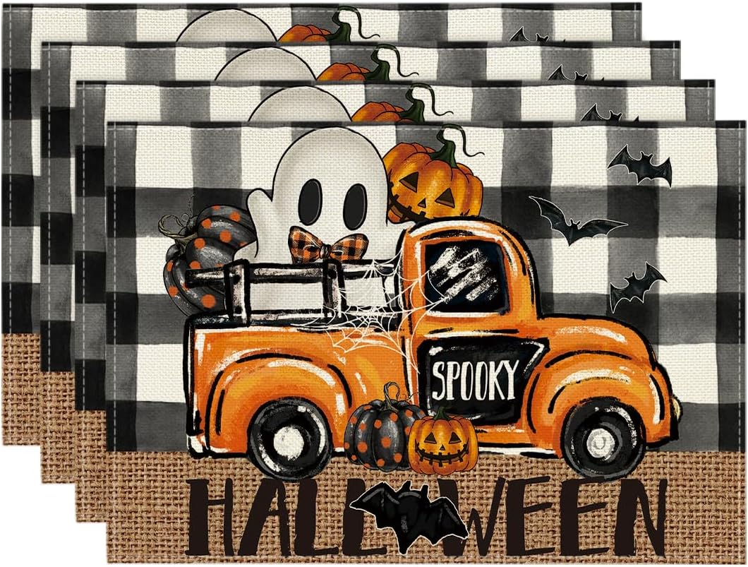 Artoid Mode Buffalo Plaid Bat Ghost Truck Spooky Halloween Placemats Set of 4, 12x18 Inch Seasonal Table Mats for Party Kitchen Dining Decoration