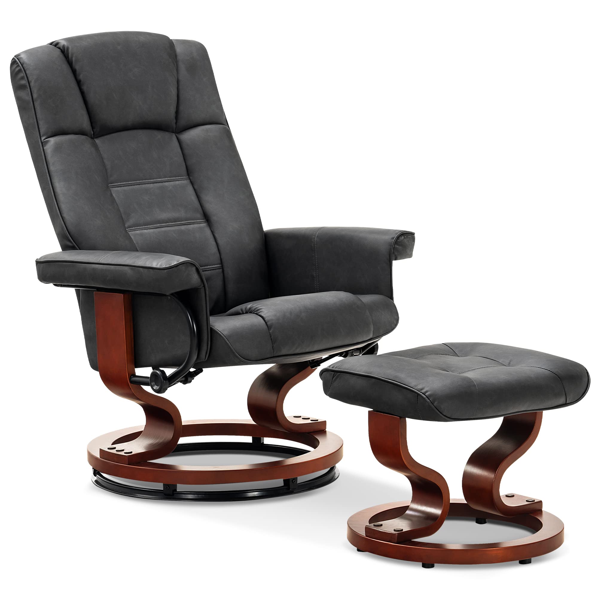 MComboManual Swivel Recliner with Ottoman, Faux Leather Chair Ottoman Set, for RV Small Spaces, Living Room, Bedroom, Office 9019 (Faux Leather, Dark Grey)