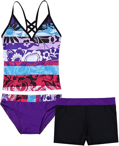 Hularka 3 PCS Kids Girls Tankini Set Floral Swimsuit Tops with Bottoms Shorts Swimwear Bechwear Bathing Suits(Purple,8)
