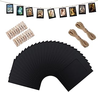 Paper Picture Frames 4x6,50 Pcs Black Paper Photo Frames, Collage Wall Decor DIY Cardboard with 50 Wood Clips and 5 Strings,DIY Clip Photo Display Holders for Home, Office Decor