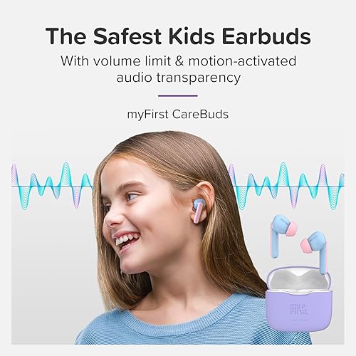 Miniatura 2 de myFirst Carebuds - Auriculares para niños, auriculares inalámbricos Bluetooth con límite de volumen de 85 db, micrófono, funda de carga USB-C, 6