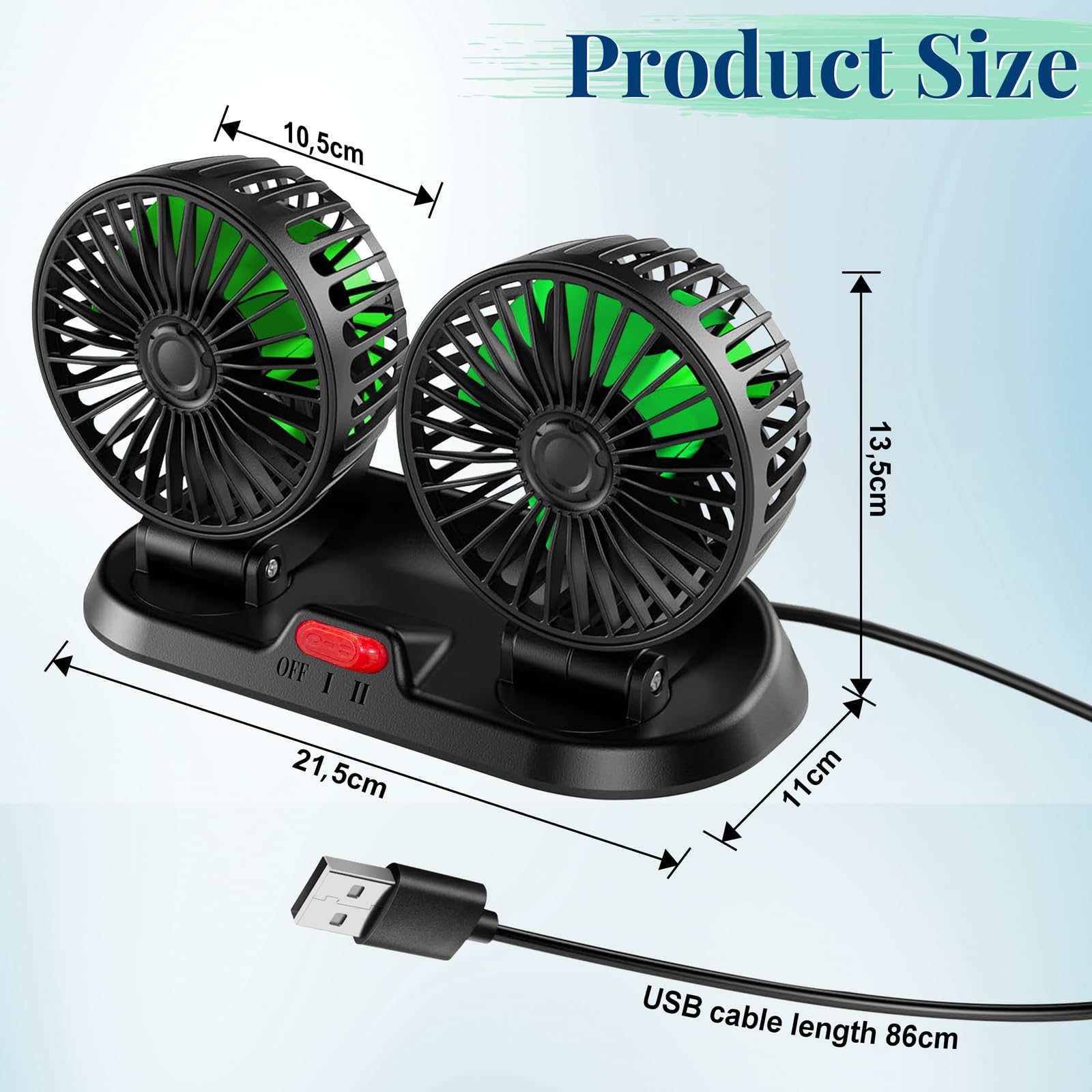 Ventilateur Double Tête pour Voiture, Ventilo de Refroidissement Portable pour Véhicule à 2 Vitesses, Ventilateur de Tableau de Bord Rotatif à 360° et Réglable pour Camion, Camping-Car, Bateau, Fourgo