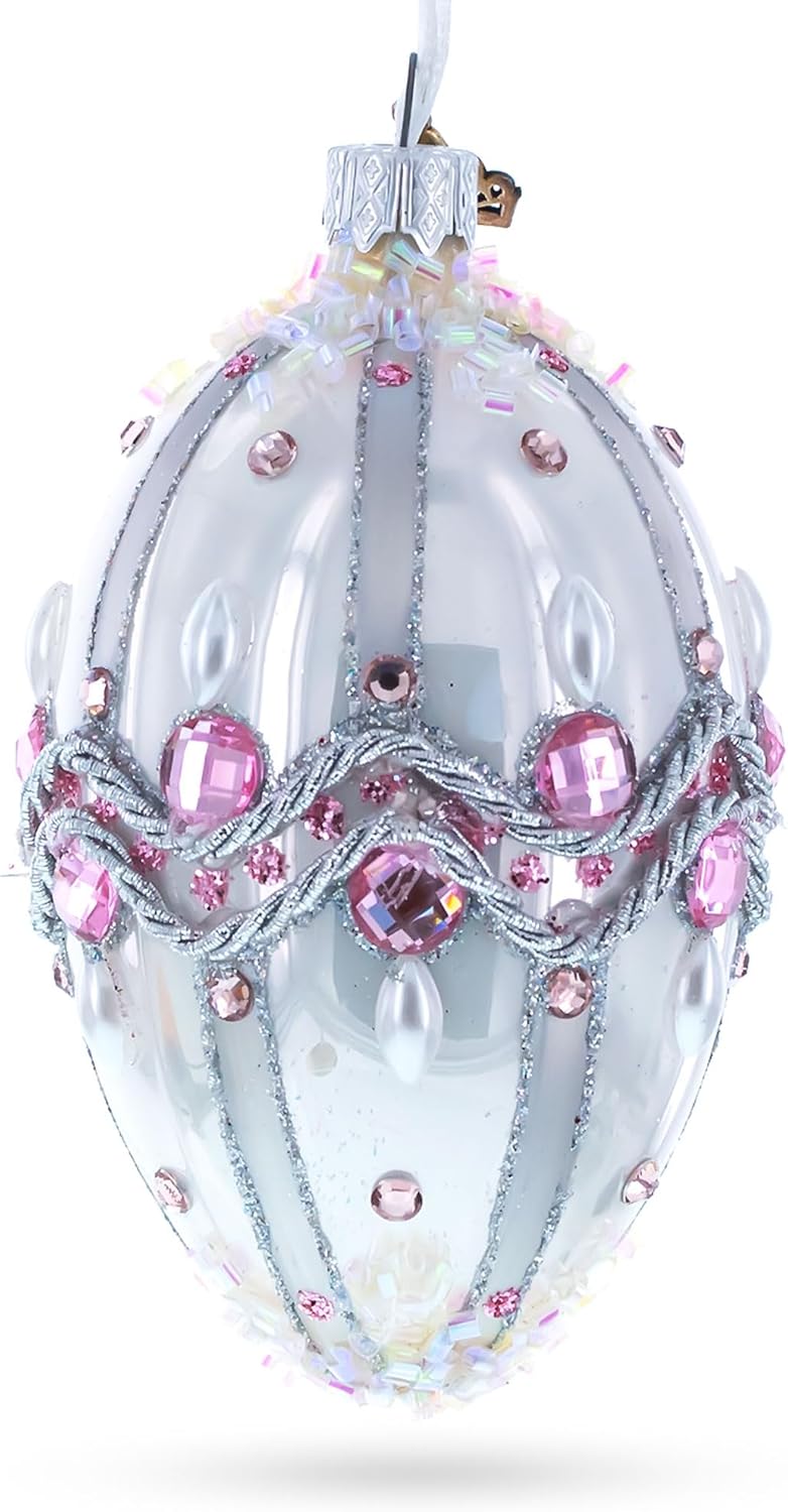 Pink Jewels on Striped Glass Egg Ornament 4 Inches