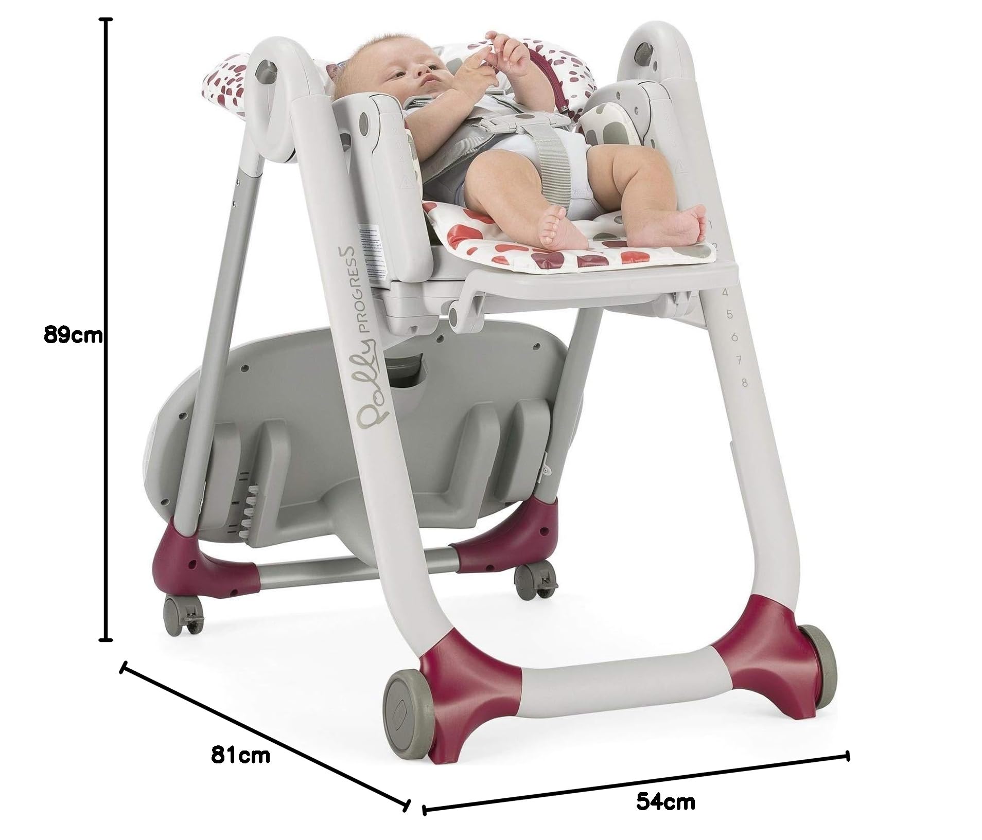 Chicco Polly Progres5 Chaise Haute Évolutive, Convertible en Transat et Rehausseur pour Bébé, Réglable de la Naissance à 3 ans (15 kg), avec 4 Roues, Fermeture Compacte - cherry
