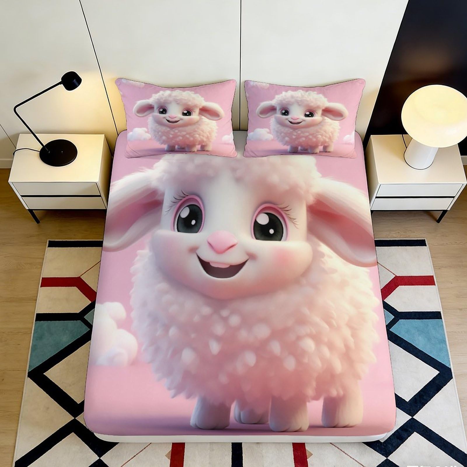 3D Printed Cute Cartoon Sheep Fitted Sheet Microfiber Pink Animal Mattress Cover for Bedroom Dorm Decor 120x200cm 180x200x25cm
