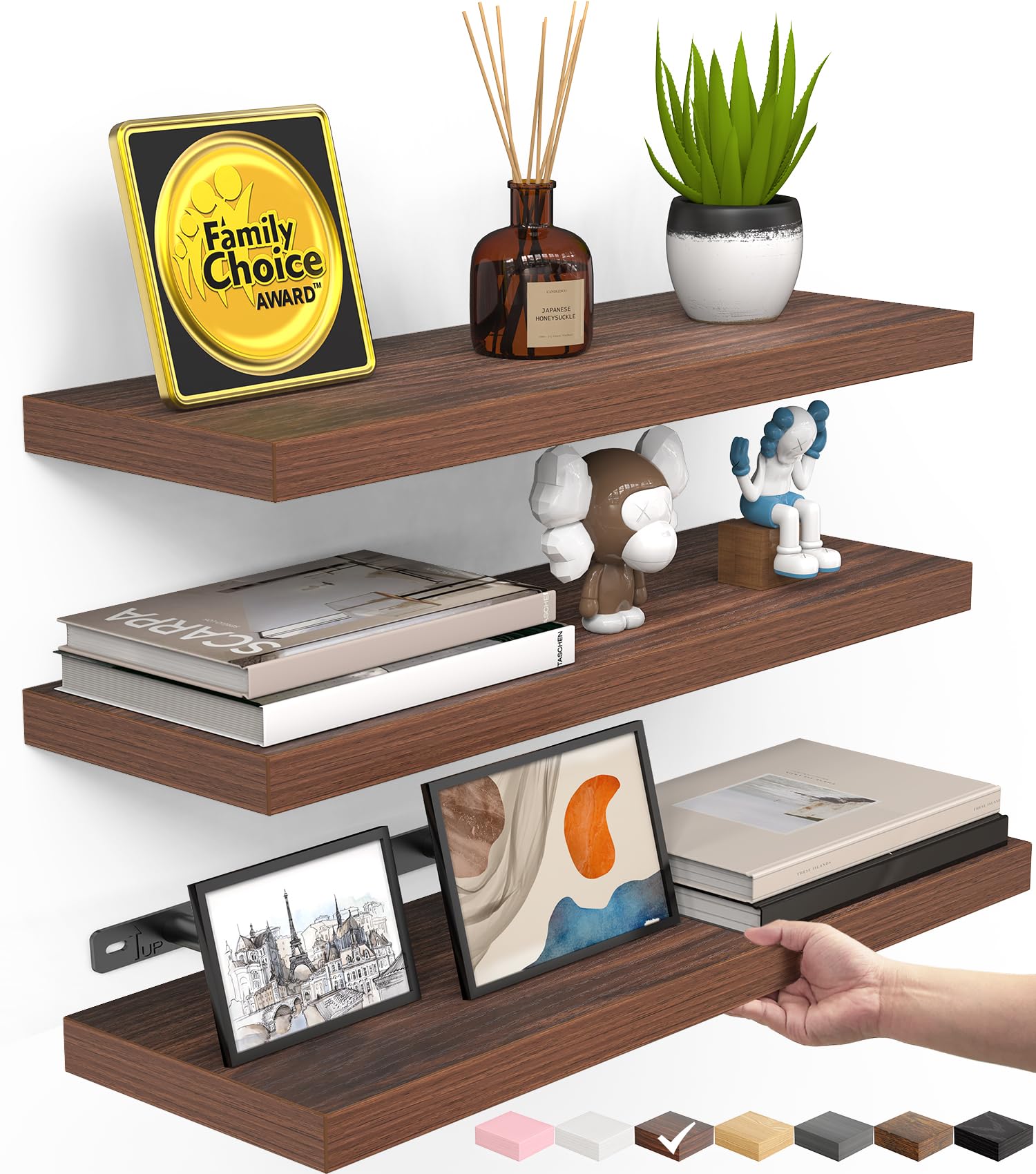 Walnut Floating Shelves, 15.7 Inch, 3 Pack