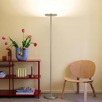 Brightech Sky Flux Dimmable LED Floor Lamp Super Bright Floor Lamp with 3 Light Modes for Living Room, Office Torchiere Standing Touch-Lamp, Tall Torch Lamp for Bedroom & Reading - Nickel