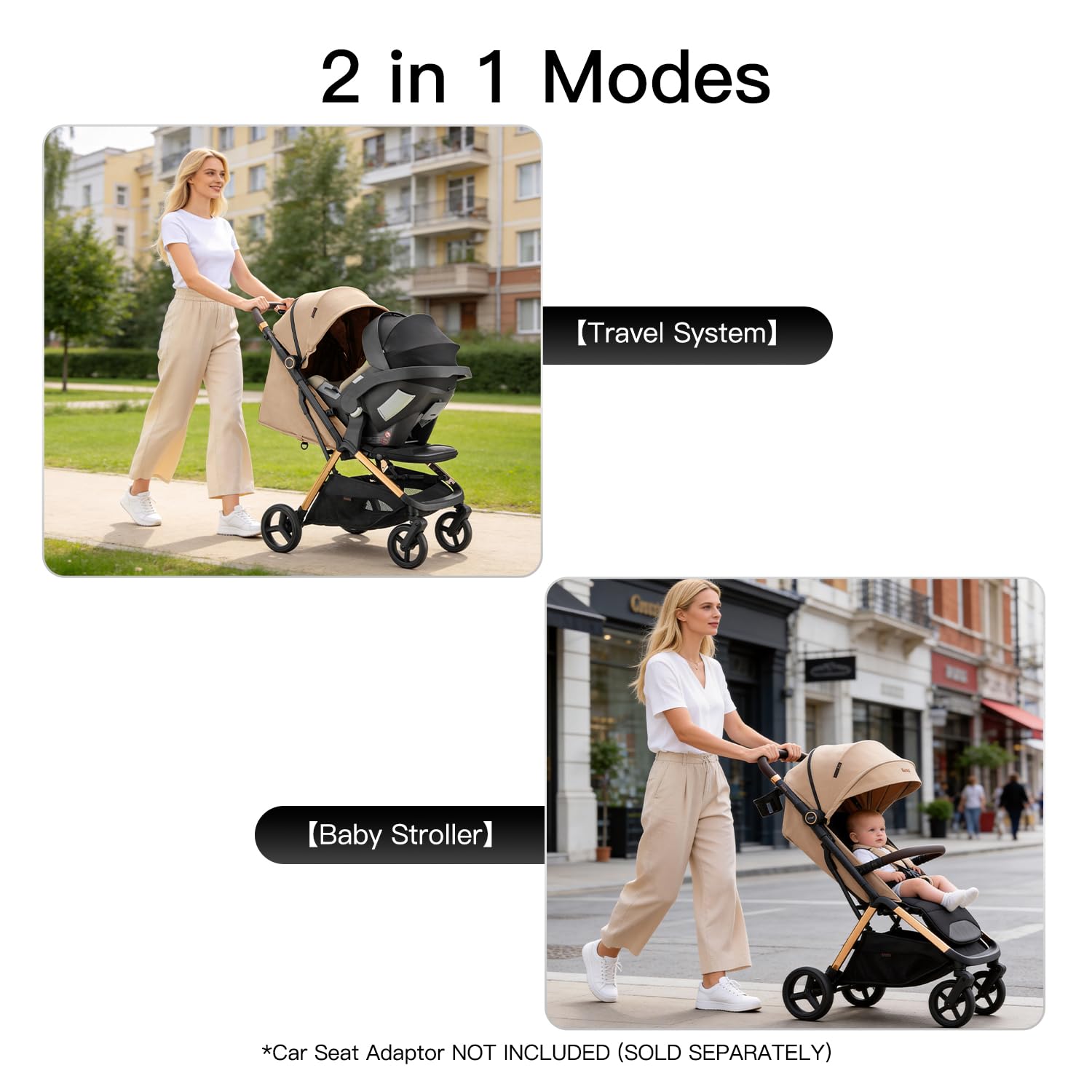 Gromast 2 in 1 Baby Stroller, Portable Travel Newborn Toddler Stroller with Cup Holder & UPF 50+ Canopy, One-Hand Automatic Folding - Khaki