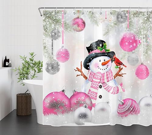 Miniatura 3 de Cortina de ducha de Navidad rosa para baño, bolas de Navidad y muñeco de nieve con cardenal rojo en la nieve, cortina de ducha con 12 ganchos,