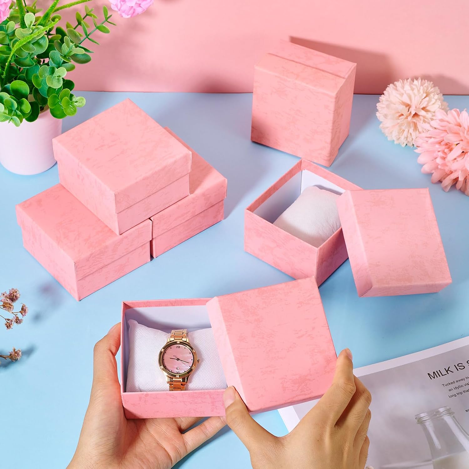 KISSITTY 12pcs Pink Cardboard Jewelry Boxes Packaging Rectangle Paper Ribbon Bowknot Cases with Pillow Inside for Wedding Birthday Jewelry Bracelets Earrings Rings