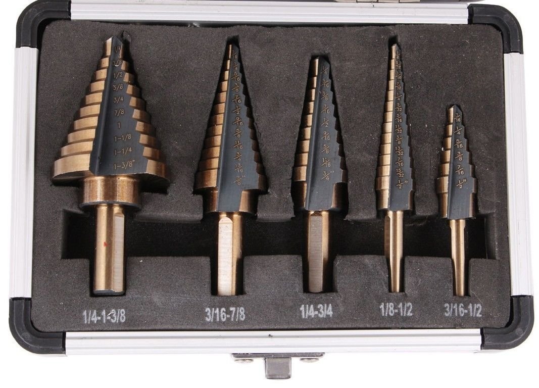 Driak 5Pcs Inch HSS Step Drill Bit Triangle Pagoda Drill Titanium Cone Drill Hole Cutter Drill Bit with Aluminum Case