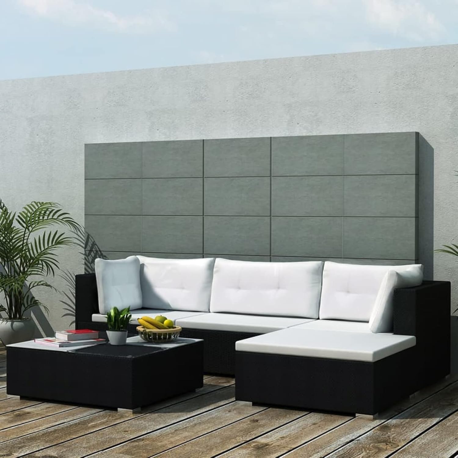 Festnight Conjunto Muebles Jardín Ratán,Sofas Jardin Exterior, Muebles Jardín Exterior, Juego de Sofás Ratán, Muebles Terrazade 5 Piezas con Cojines y Mesa Cristal,para Jardín,Terraza (Negro)