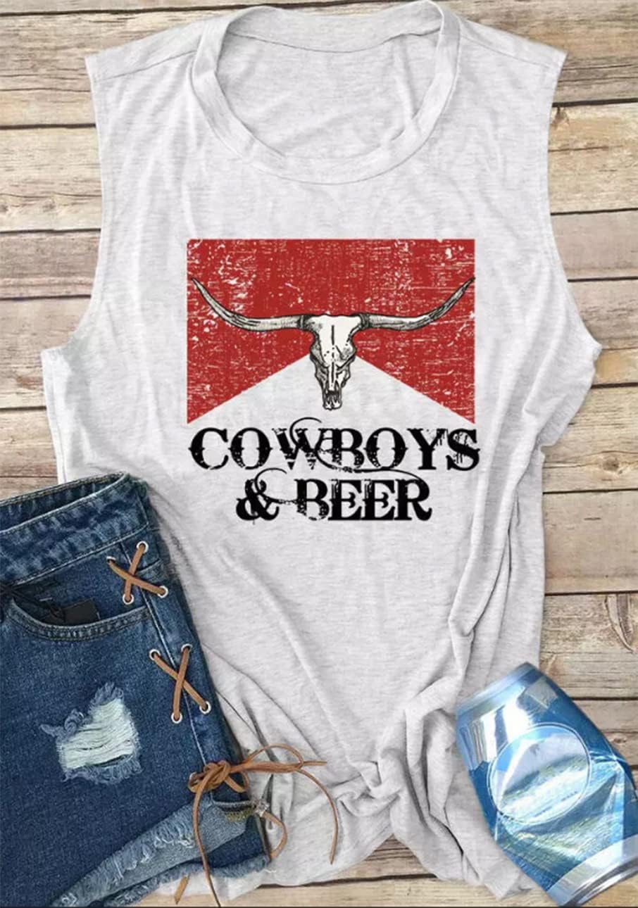 Cowboys & Beer Steer Skull Tank Tops Women Western Vintage Country Music Tanks Summer Vacation Sleeveless Shirts - Image 3