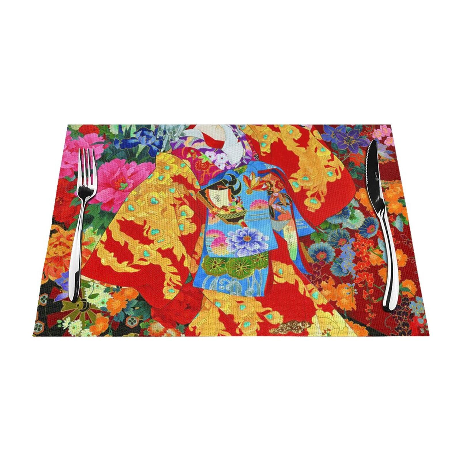 PVC Placemat Set of 1 PCS, 45x30 CM, Retro Japanese Geisha Girl Printed Non-Slip Heat Resistant Place Mats for Kitchen Dining Table Indoor Outdoor