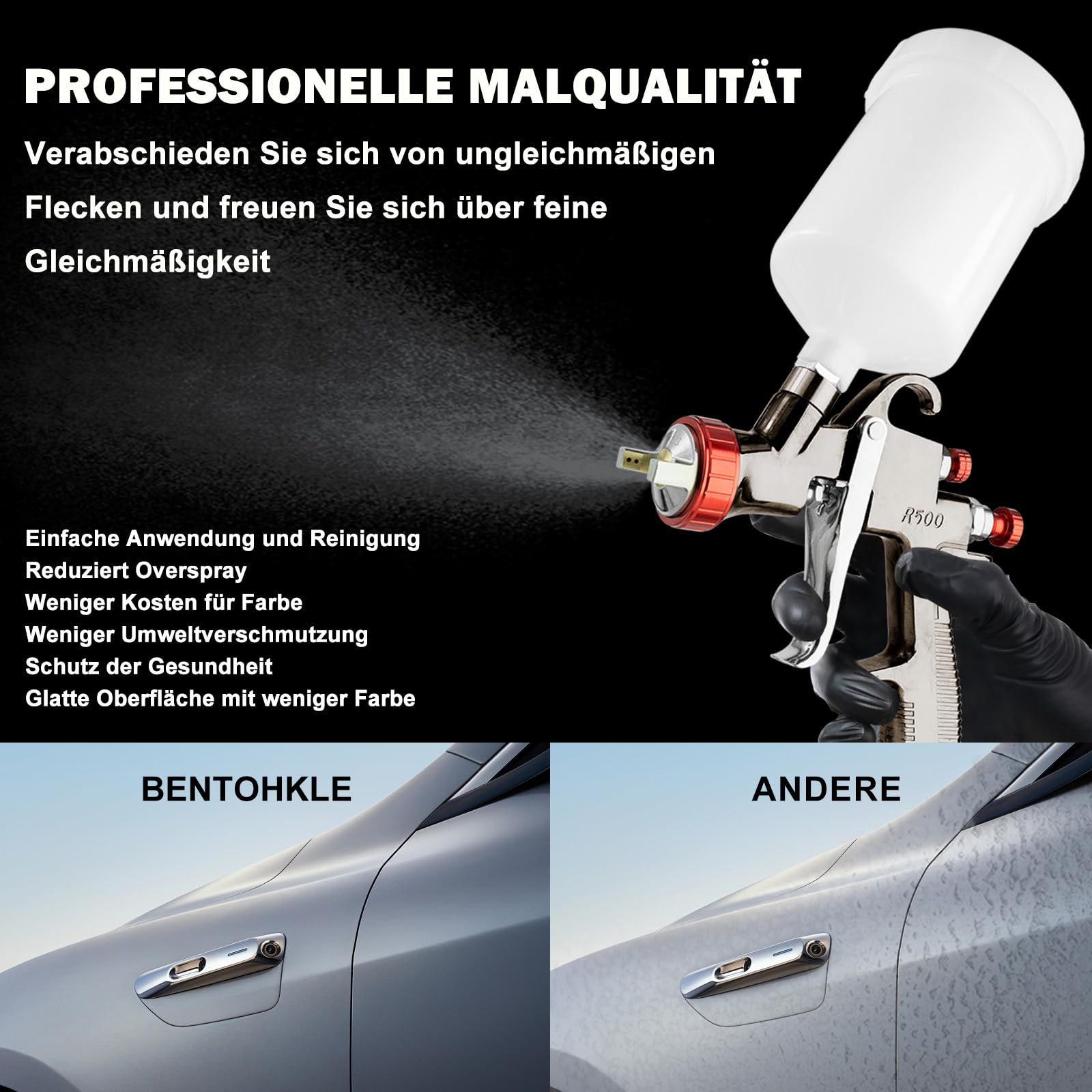 R500 LVLP Pistola de pulverización de aire, pistola de pulverización con 4 boquillas de 1,3/1,5/1,7/2,0 mm y regulador de aire, sistema de pulverización de color para coches y casa DIY (4 boquillas de