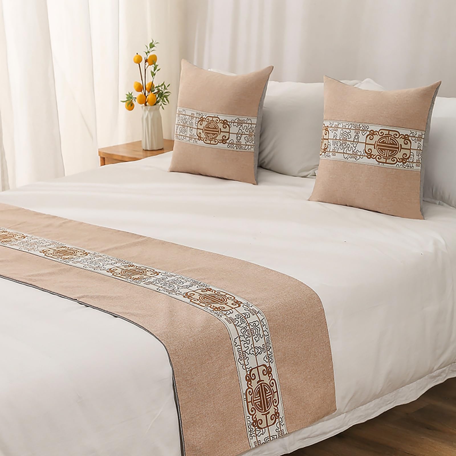VNVFJKLO bed runner, Embroidery King Bed Scarf Runner Bedding Scarves Cover For Home Hotel Guesthouse For Slipcover Decoration(Beige,48 * 210cm for 150cm Bed)