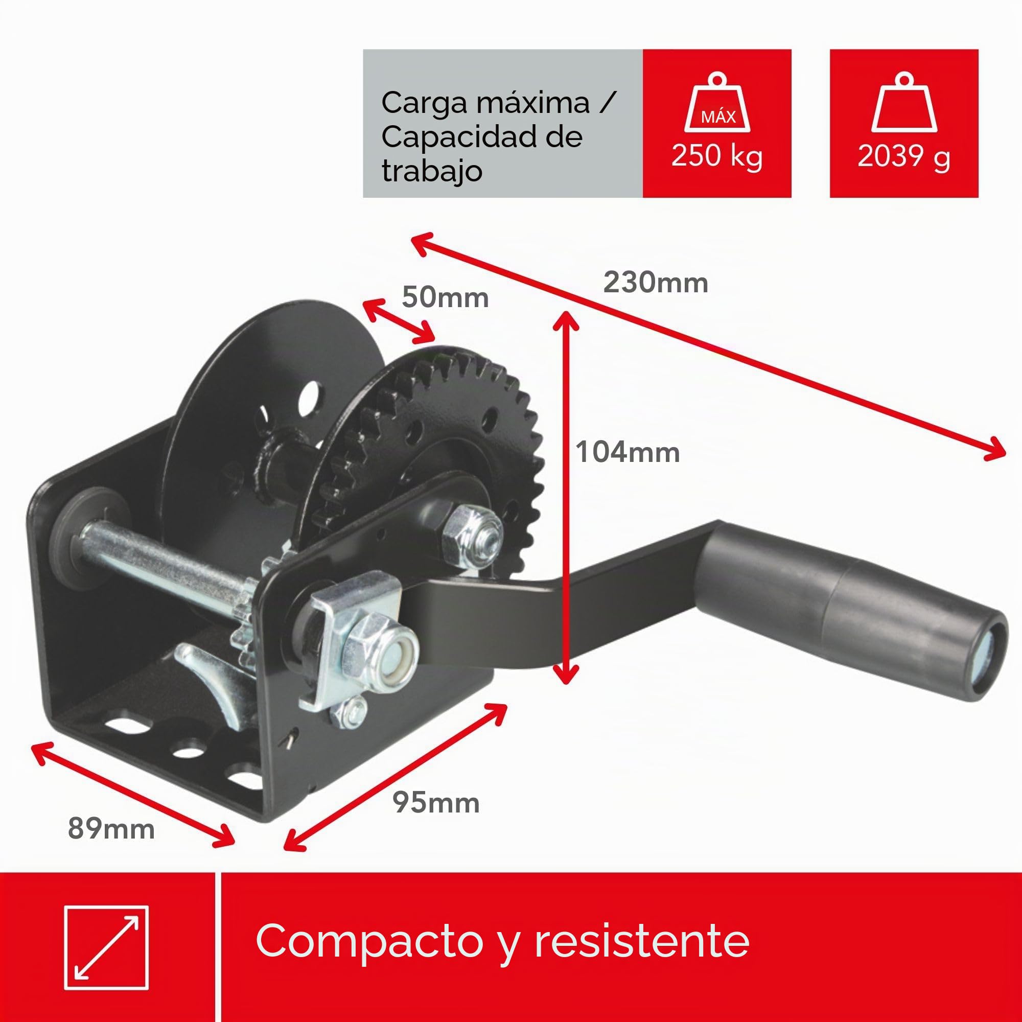 Toolland Cabrestante manual 250 kg acero inoxidable con trinquete y cable, relación 3.1:1, cabrestante negro de remolque con manivela ergonómica, ideal para barco, remolque y elevación
