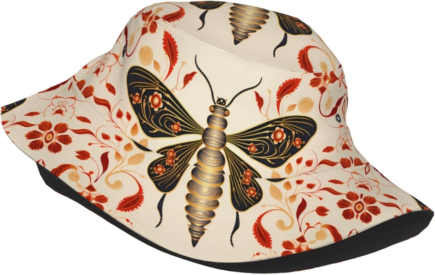 Vintage Insect Pattern Prints Summer Outdoor Travel Bucket hat, a Beach Sun hat Suitable for Both Men and Women Black