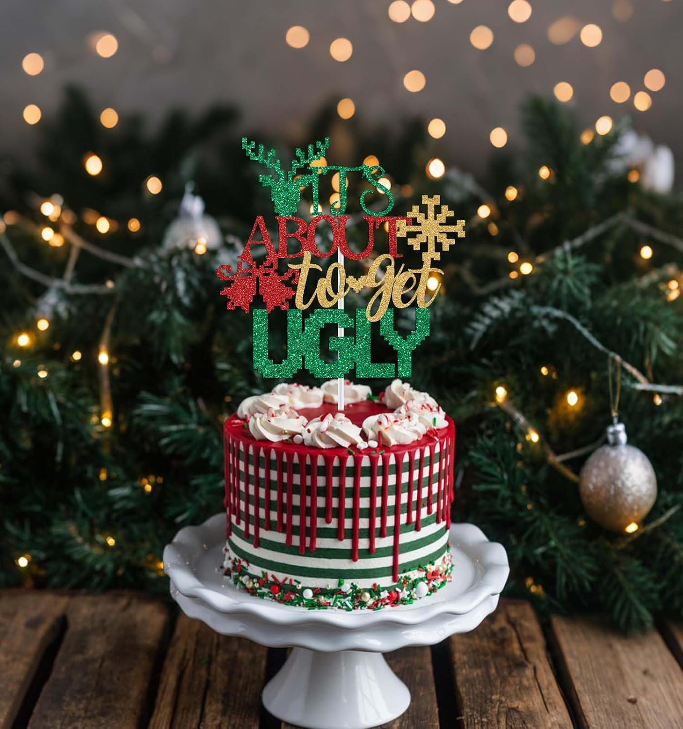 It's About to Get Ugly Cake Topper, Christmas Ugly Sweater Party Decorations, Funny Xmas Party Decoration Supplies, Funny Sweater Winter Holiday Decor Green & Red Glitter image 3