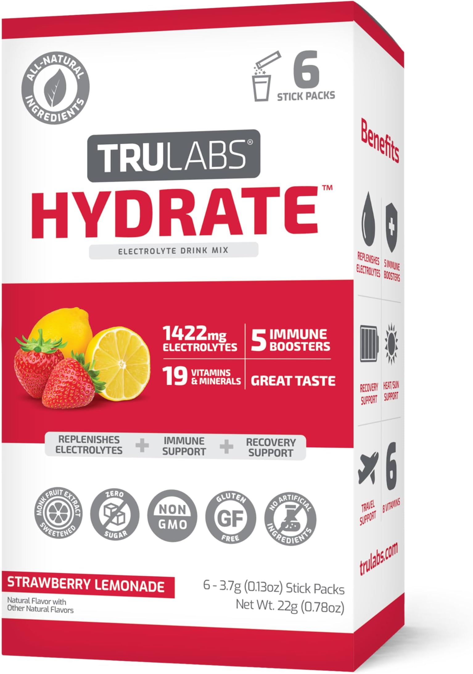 TRULABS Hydrate - Strawberry Lemonade. Sugar Free Electrolytes Hydration Packets. Each Serving Contains 1422 mg of Electrolytes &19 Vitamins & Minerals (6ct)