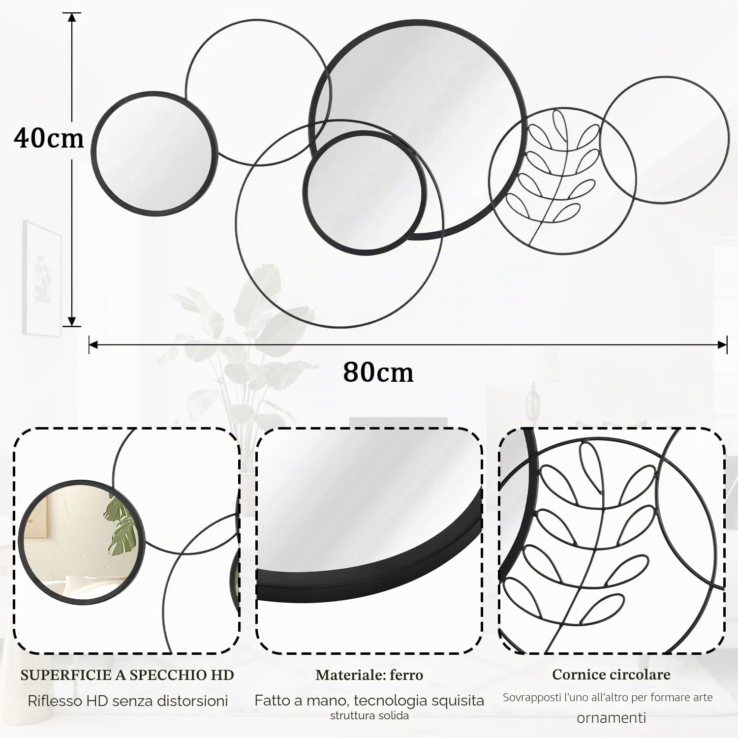 Set di 4 specchi rotondi da parete, con cornice in metallo nero, specchi decorativi moderni per soggiorno, camera da letto, ingresso, bagno, 40 x 80 cm, decorazione per la casa