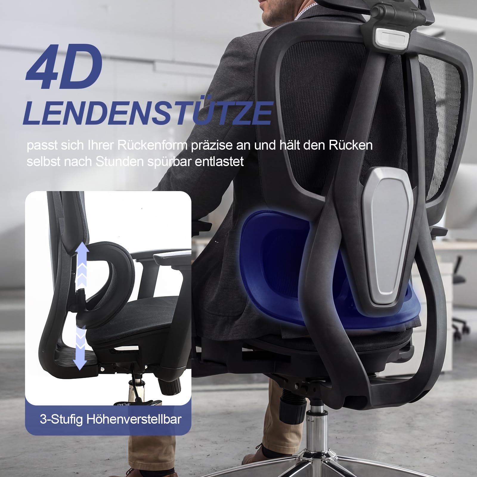 Bürostuhl Ergonomisch, Schreibtischstuhl mit Automatischer Lendenstütze (2-Fach höhenverstellbar), 4D-Kopfstütze, 4D-Armlehnen, Atmungsaktives Mesh, Drehstuhl bis 150 kg für Home Office & Büro