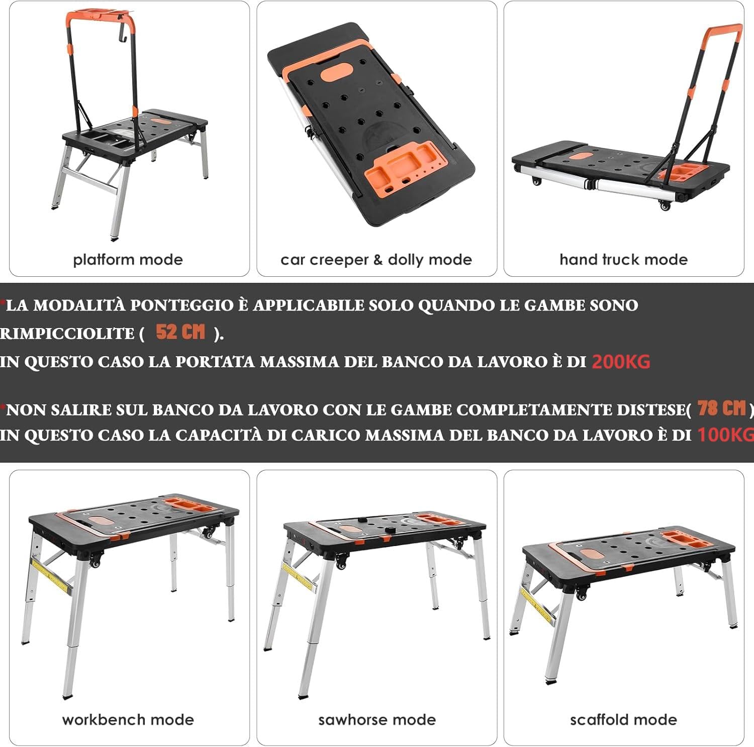 LIFERUN 7 in 1 Banco da Lavoro Pieghevole,Tavolo da Lavoro Pieghevole Regolabile in Altezza con Spina Integrata,Carrello a Mano da Trasporto con 4 pcs Ruote,Piattaforma di Lavoro per Lavoro fai da te
