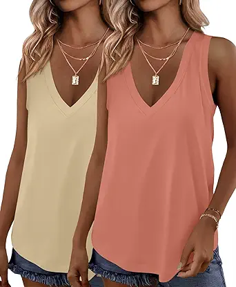 KKJ 2 Pack Womens Tank Tops Workout V Neck Tees Summer Sleeveless Loose Fit Casual Outfits Shirts Fall Fashion Clothes