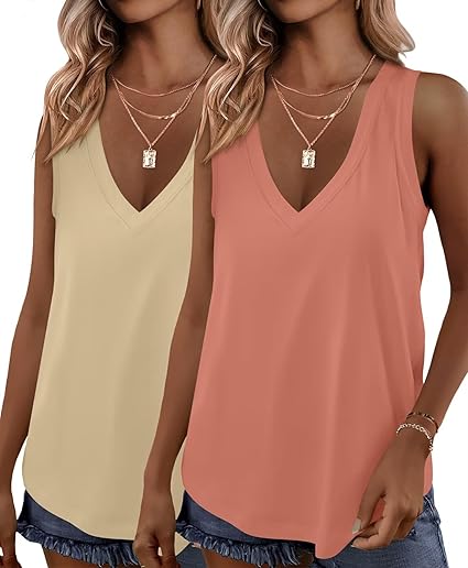 KKJ 2 Pack Womens Tank Tops Workout V Neck Tees Summer Sleeveless Loose Fit Casual Outfits Shirts Fall Fashion Clothes