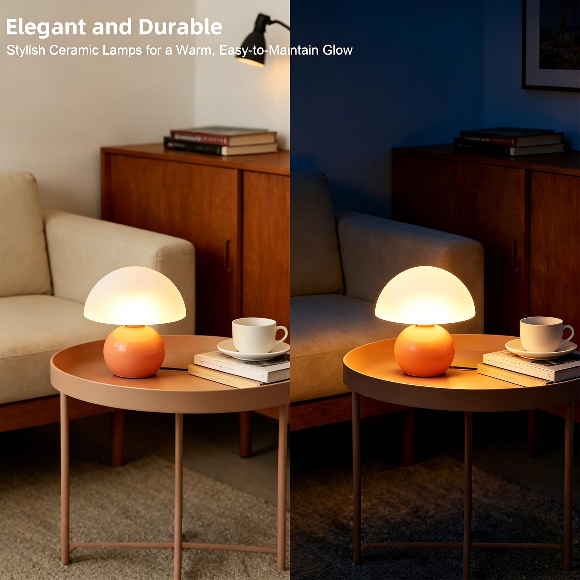Led Dimmbar Tischleuchte Deko Wohnzimmer, Nachttischlampe Tischlampe, Schlafzimmer Tischlampen, Mushroom Bedside Table Lamp, Keramikbasis Glas Klein Nachtlampe (Orange)
