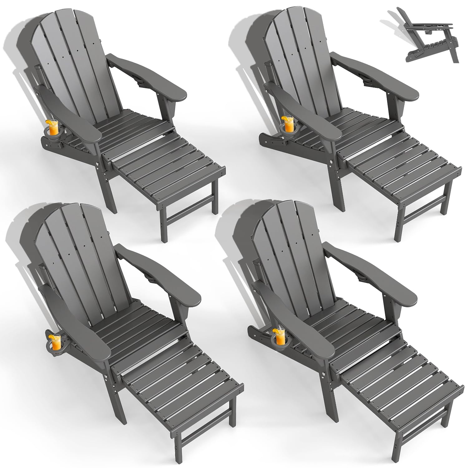 GREENVINES Adjustable Adirondack Chair with Retractable Ottoman Set of 4 | Folding | HDPE Plastic | Fire Pit Chairs w/Foot Rest | 2 Cup Holders | Grey