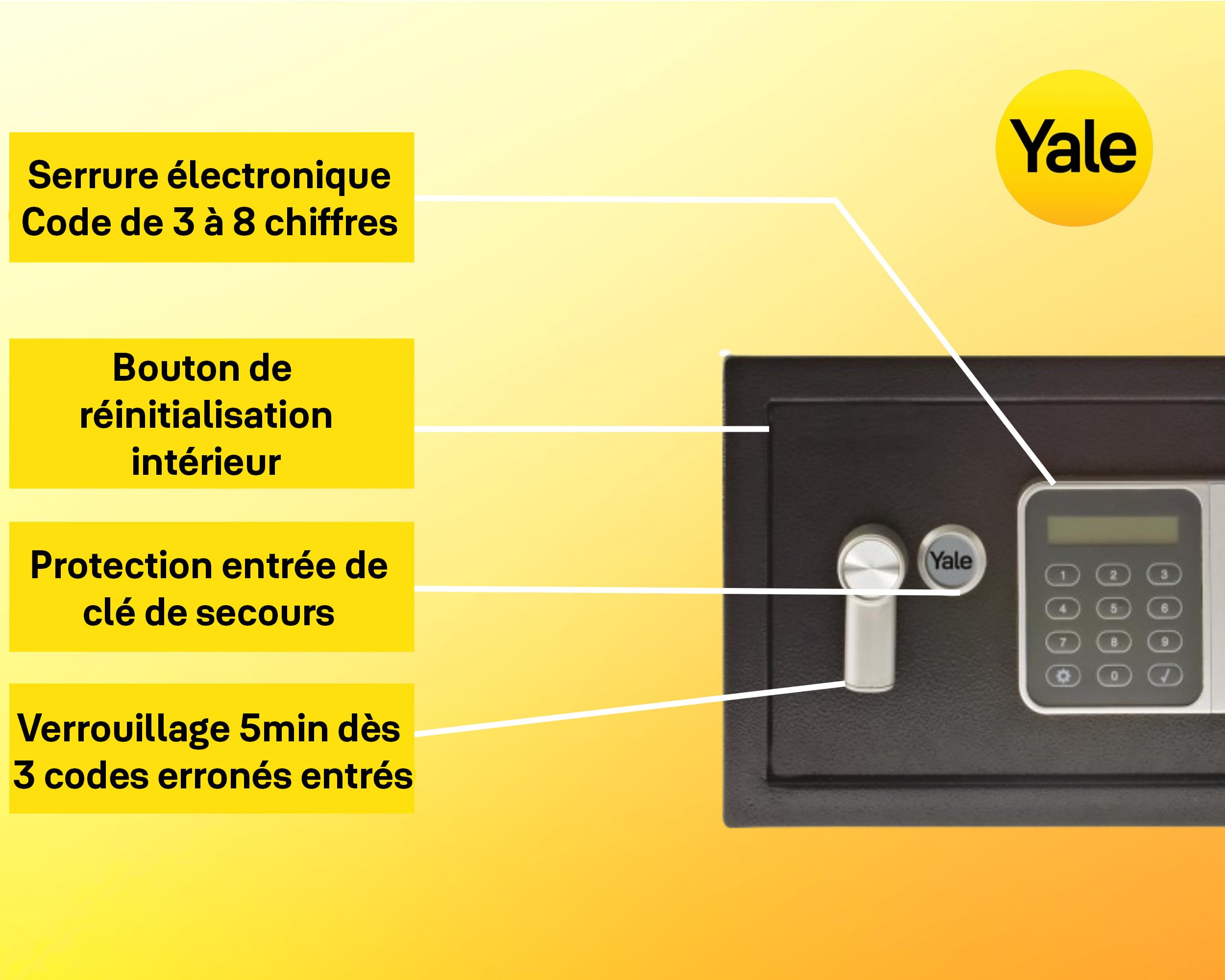 Yale Coffre-Fort Électronique Hôtel - Compact 8.6L - Serrure électronique 100 000 Combinaisons, Code utilisateur et Code maître 3 à 8 Chiffres pour Clients et hôtelier - 20x31x20cm YSG/200/DB2