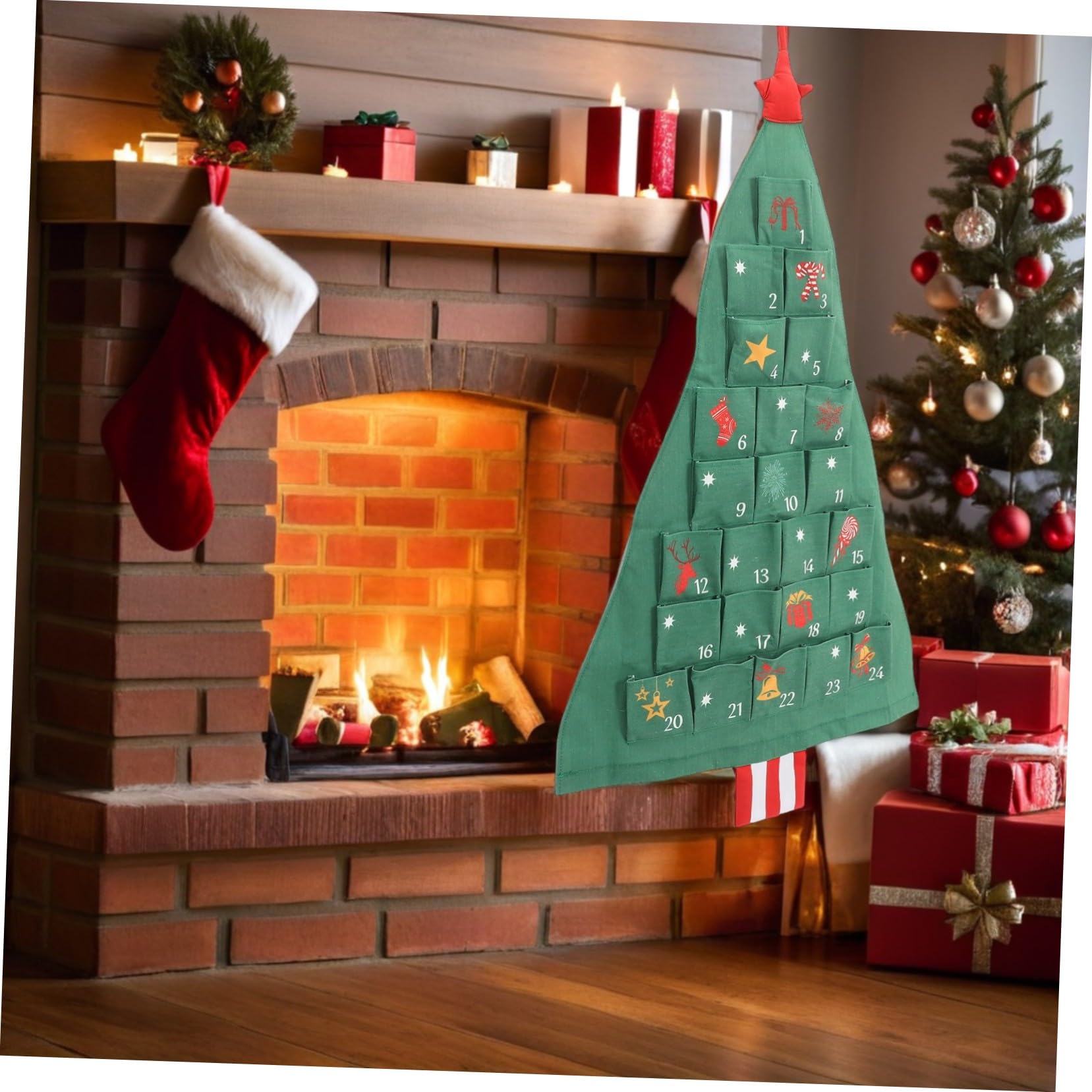 Calendario Avvento Riutilizzabile Appeso Forma di Albero Verde con Grandi in Cotone Lino Calendario Conto alla Rovescia Natalizio Fai da Te per Famiglie