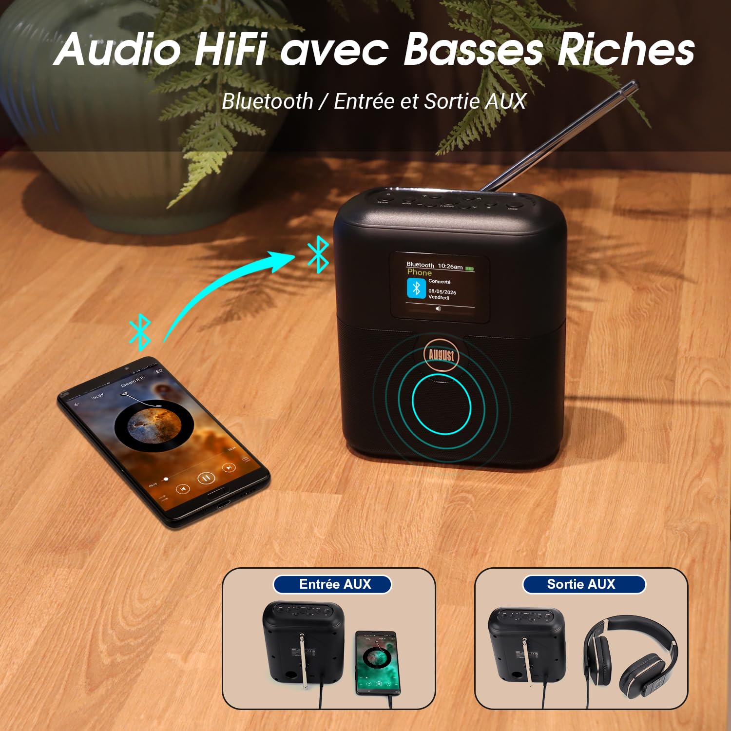 August MB330 Radio Portable DAB Bluetooth - Radio Numérique DAB/DAB+/FM 60 Présélections, Double Réveil, Minuterie, Rechargeable USB-C, Entrée/Sortie Aux, Écran Couleur, EQ - Cuisine Chambre Extérieur