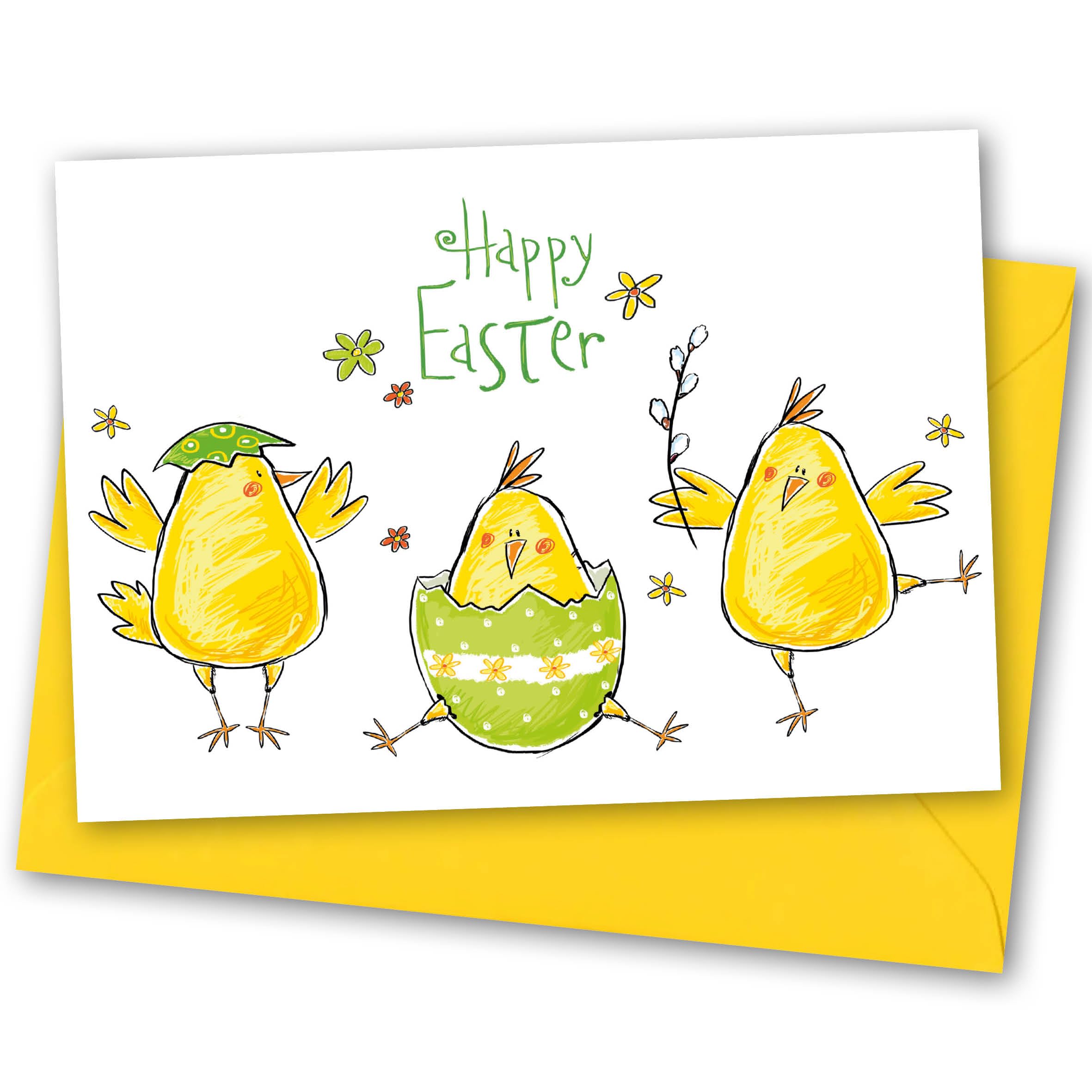 Easter Card. Three Chick Design. 210x148mm (A5) card with matching yellow Envelope. Ecofriendly. Verse inside.